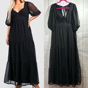 Boohoo Black Swiss Dot Mesh Puff Sleeve Maxi Dress Gothic Cottagecore Boho